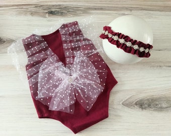 BURGUNDY or WHITE - newborn girl romper, newborn christmas romper, burgundy newborn romper, burgundy newborn girl outfit, newborn photo prop