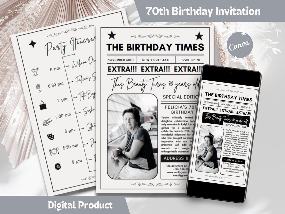 70th Birthday Newspaper Invitation Customizable, Vintage Retro Style ...