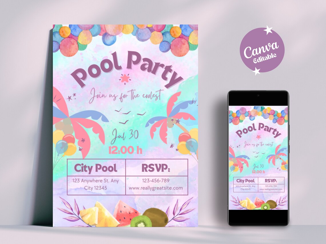 Watercolor Pool Party Invitation, Birthday Pool Party Digital &amp; Printable Invitation, Summer ...