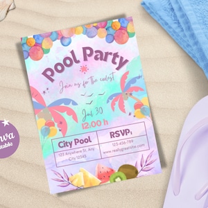 Watercolor Pool Party Invitation, Birthday Pool Party Digital & Printable Invitation, Summer ...
