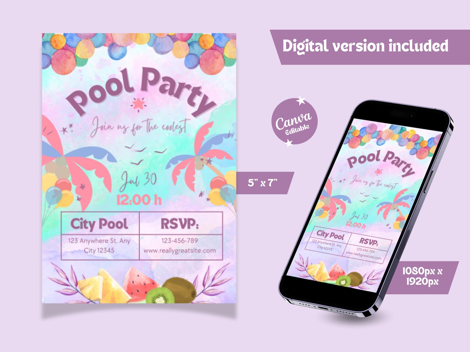 Watercolor Pool Party Invitation, Birthday Pool Party Digital & Printable Invitation, Summer ...