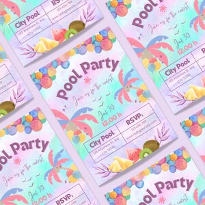 Watercolor Pool Party Invitation, Birthday Pool Party Digital &amp; Printable Invitation, Summer ...