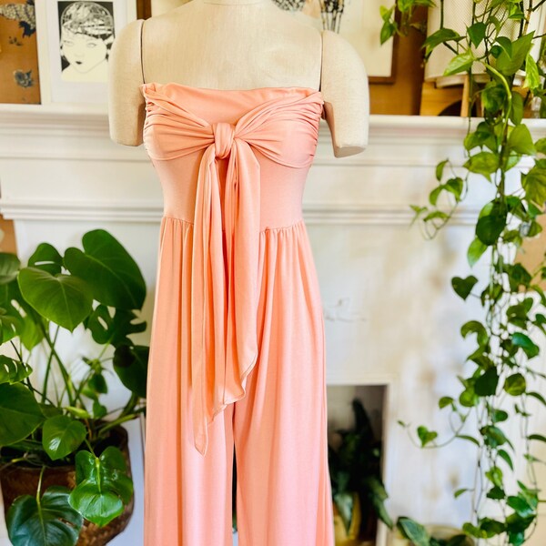 Vintage 1970s Strapless Peach Disco Jumpsuit with Oversized Bow by Climax David Howard #468