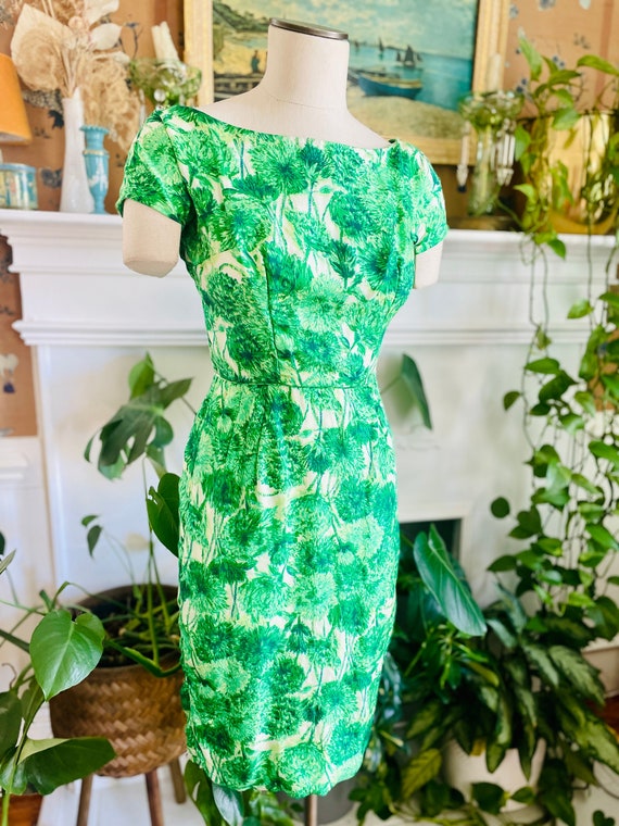 Vintage 1960s Green Floral Silk Party Dress - Stun