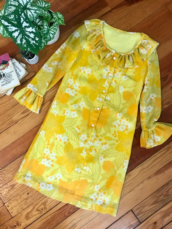 Vintage 1960's Yellow Floral Ruffle Dress