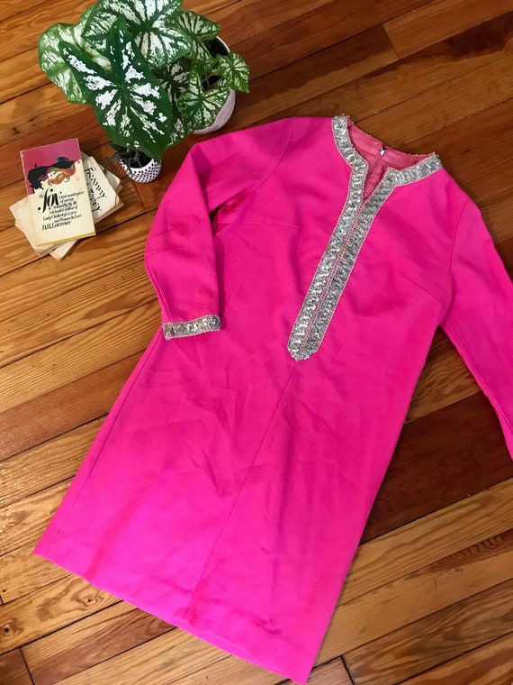 Vintage 1960's Hot Pink Indian Style Dress w/ Silv