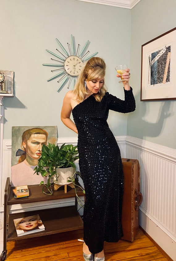 Vintage 1980s One Sleeve Sequined Black Party Dres