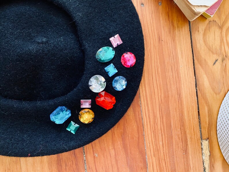 Versace Style Up-Cycled Gem Embellished Wool Black Beret