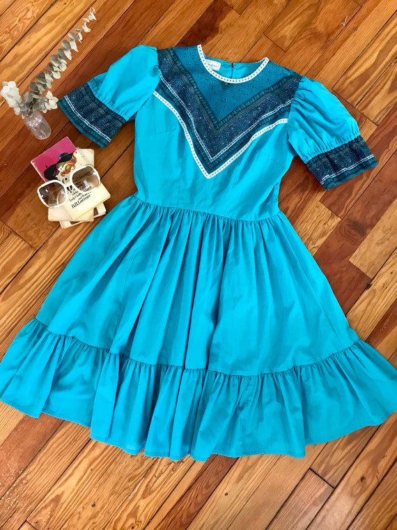 Vintage 1970s Turquoise Bandana Prairie Dress By C
