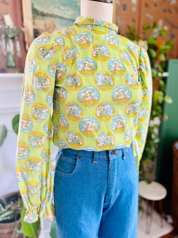 Vintage 60s Lime Green Cotton Blouse with Ruff/ No