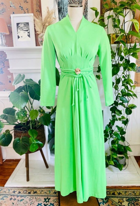 Vintage 1960's Lime Green Mod Maxi Dress w/ Gold … - image 1