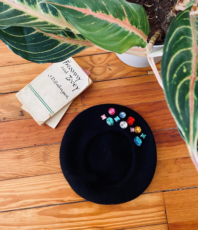 Versace Style Up-Cycled Gem Embellished Wool Black Beret