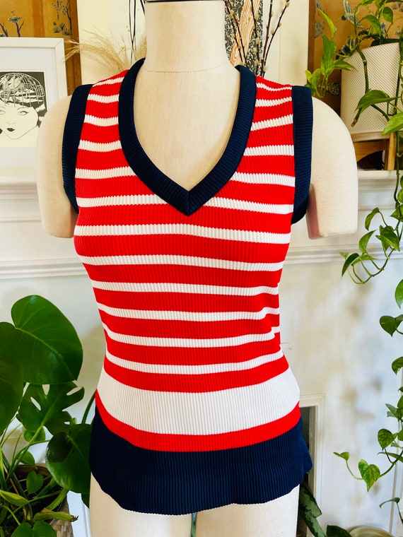 Vintage 1970s Nautical Stripped Red, Blue and Whi… - image 5