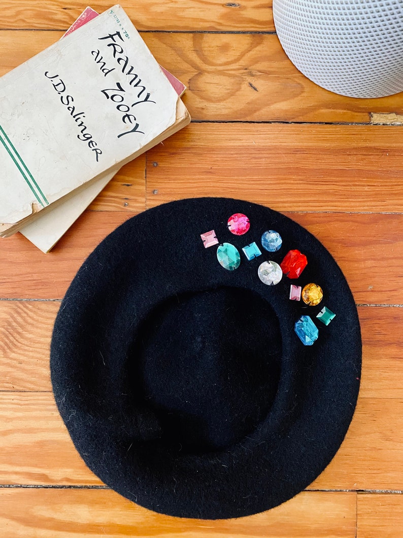 Versace Style Up-Cycled Gem Embellished Wool Black Beret