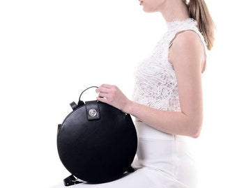 Black Leather Round Backpack for Women - Minimalist Style, Ideal for Everyday Use