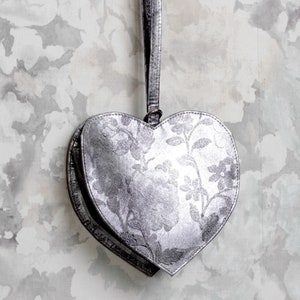 Leather heart purse, Evening clutch, Silver heart wristlet bag image 1