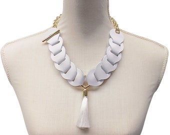 White Leather Statement Necklace - White and Gold Wedding Leather Tassel Design