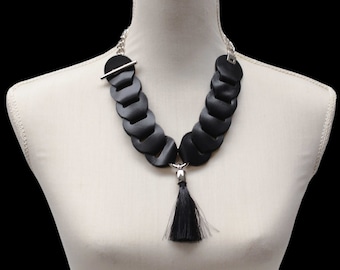 Edgy Glamour Statement Necklace - Handcrafted Black Leather Tassel Design