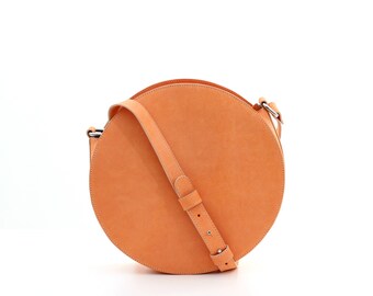 Orange leather circle bag, round bag, round leather bag, leather crossbody, crossbody bag, leather purse, leather shoulder bag, handbag