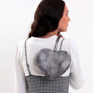 Leather heart purse, Evening clutch, Silver heart wristlet bag image 5