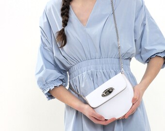 Small leather crossbody bag white, Half circle cross body purse mini, White evening bag