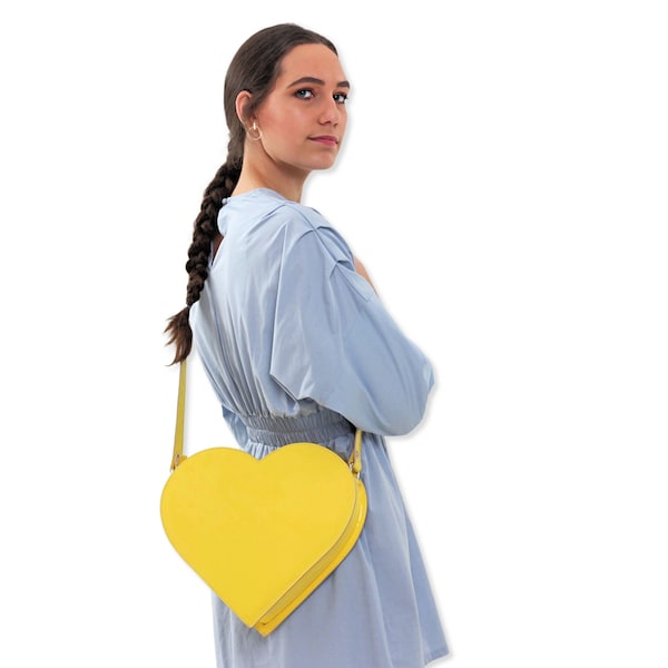 Yellow leather crossbody bag, Summer purse, Heart shape bag