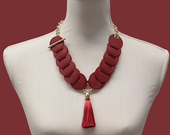 Leather statement necklace with tassel, deep red bib necklace for women