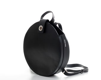 Black Leather Round Backpack for Women - Minimalist Style, Ideal for Everyday Use