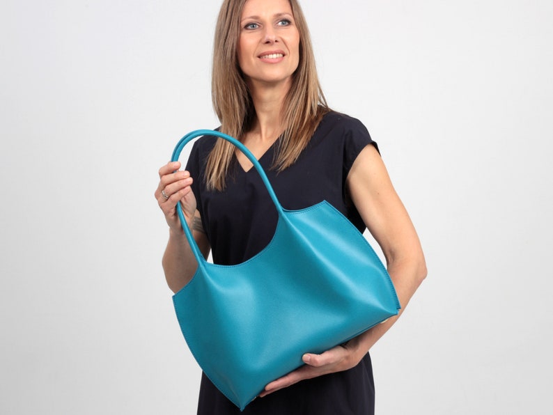 Simple Tote Bag Purse Blue Leather Tote Bag Minimalist Handbag Turquoise Shoulder Bag