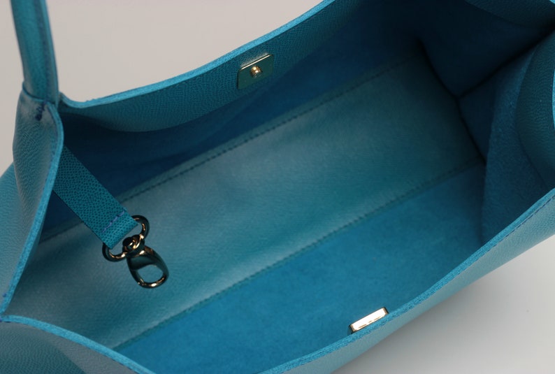 Simple Tote Bag Purse Blue Leather Tote Bag Minimalist Handbag Turquoise Shoulder Bag