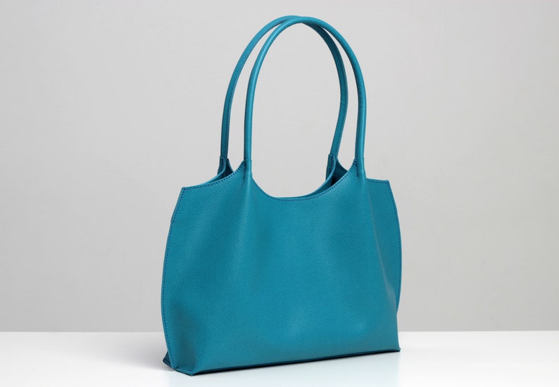 Simple Tote Bag Purse Blue Leather Tote Bag Minimalist Handbag Turquoise Shoulder Bag