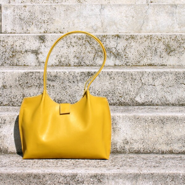 Yellow leather tote bag, leather handbag