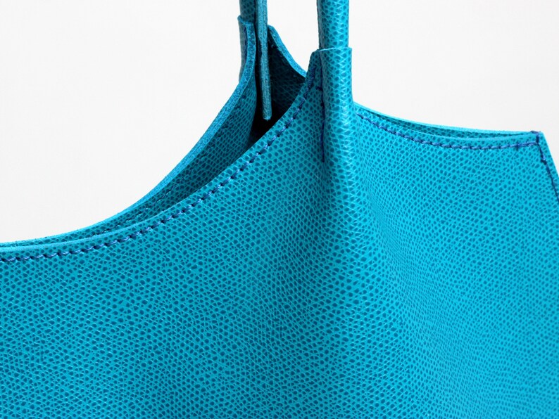 Simple Tote Bag Purse Blue Leather Tote Bag Minimalist Handbag Turquoise Shoulder Bag