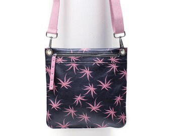Leather crossbody purse, weed pattern leather cross body bag, minimalist bag, blue shoulder bag