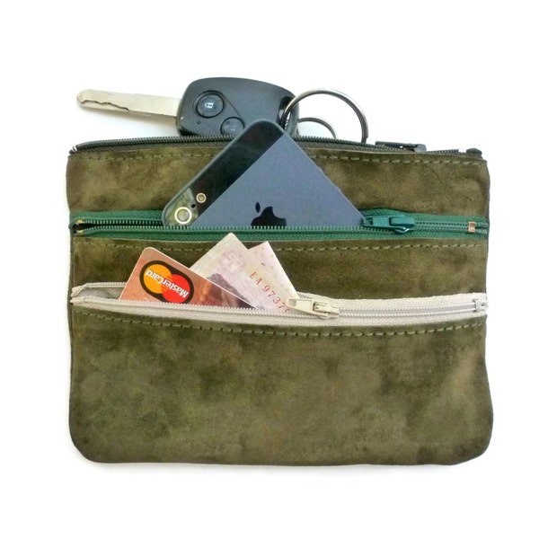 Carpeta cremallera de cuero para los hombres de verde, iphone billetera, funda con cremallera, mens cartera