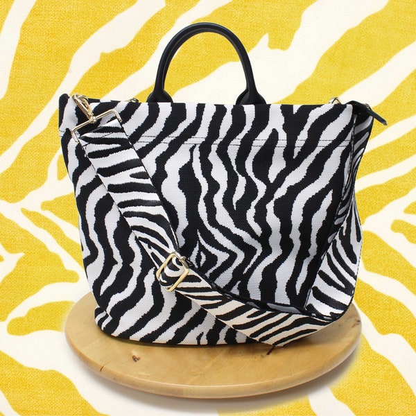 Black white tote bag, Zebra handbag with crossbody strap, Animal print tote bag, Everyday shoulder bag