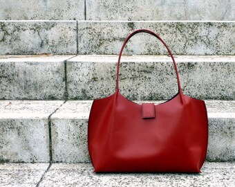 Red leather tote bag, leather shoulder bag, leather handbag, red tote bag