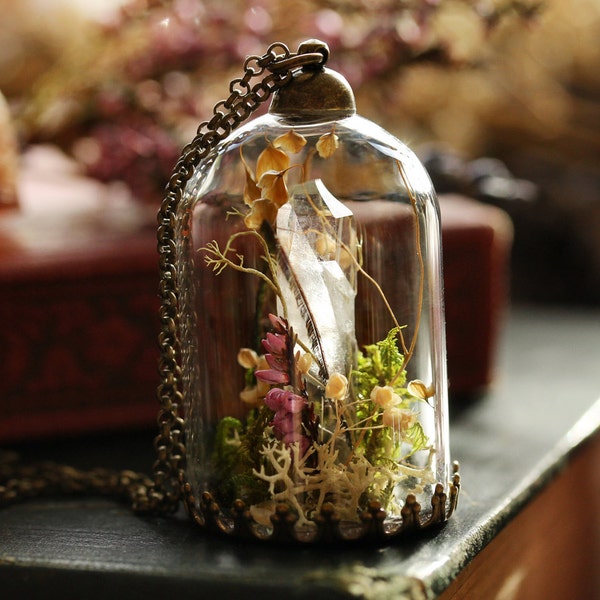 Quartz crystal necklace, terrarium belljar , moss terrarium , real plant necklace , clear quartz point , real flowers, gift for nature lover