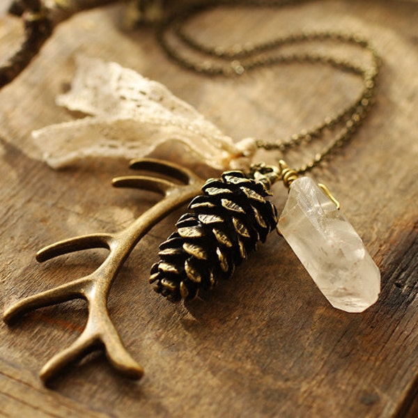 Branch, bone and stone necklace, clear quartz pendant , natural crystal , woodland jewellery , nature inspired , antler, boho charm necklace