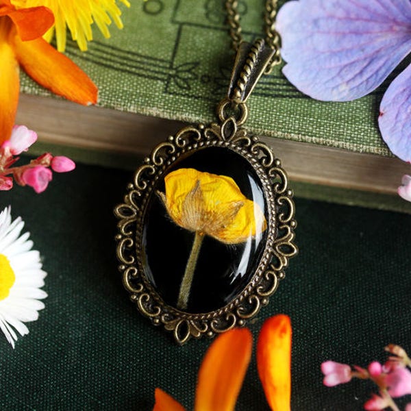 Yellow buttercup necklace , pressed flower pendant, mustard yellow, real flower , Irish jewellery , gift from Ireland, resin jewelry