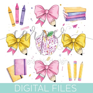 May include: A set of digital clipart featuring back to school themed illustrations. The set includes a pink apple with a leopard print design, yellow and pink bows with pencils, crayons, a stack of books, and a notebook.