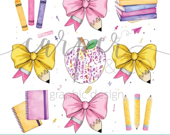Puede incluir: Un conjunto de clipart digital con ilustraciones de temática de regreso a clases. El conjunto incluye una manzana rosa con diseño de estampado de leopardo, lazos amarillos y rosas con lápices, crayones, una pila de libros y una libreta.