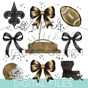 May include: Digital file featuring a collection of gold and black graphics. Includes a fleur-de-lis, bows, a football, a helmet, a Louisiana state outline, and a stadium. Text reads "DIGITAL FILES".