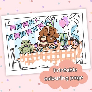 May include: A black and white printable coloring page featuring a dog wearing a party hat and a frog sitting on a table with a birthday cake, presents, and balloons. The text "Happy Birthday" is written on a banner above the table.