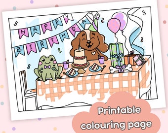 Coloriage mignon petit chien et grenouille joyeux anniversaire pour adultes, enfants et adolescents | Coloriage anniversaire à imprimer | Cadeau d'anniversaire créatif
