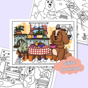 May include: A black and white coloring page featuring a dog and a frog enjoying tea and biscuits in a kitchen setting. The dog is holding a teacup and the frog is sitting on a chair. The kitchen has a table with a red and white checkered tablecloth, a cabinet with the word "Biscuits" on it, and a window with a view of a garden.