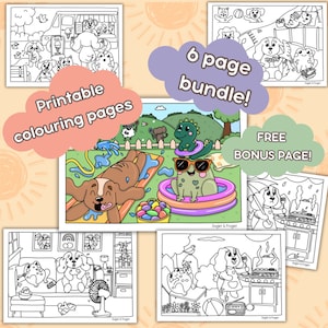 Puede incluir: Un conjunto de seis páginas para colorear imprimibles que presentan a un perro y una rana en varias actividades de verano, incluyendo nadar, hacer una barbacoa y relajarse en casa. Las páginas son en blanco y negro e incluyen el texto "6 page bundle!" y "FREE BONUS PAGE!"