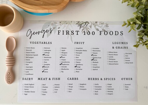 Personalised 100 First Foods Weaning Chart, Baby Food Tracker | Printable Baby First Food Tracker Checklist Chart