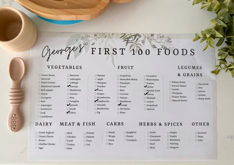 Personalised 100 First Foods Weaning Chart, Baby Food Tracker, Printable First Food Tracker, Baby Food Checklist, Baby First Foods Chart, 100 First Foods Chart