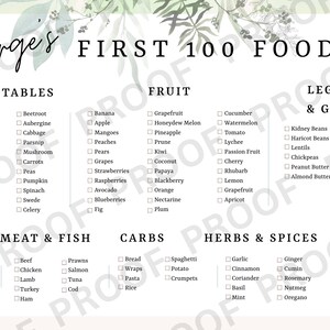 Personalised 100 First Foods Weaning Chart, Baby Food Tracker, Printable First Food Tracker, Baby Food Checklist, Baby First Foods Chart, 100 First Foods Chart